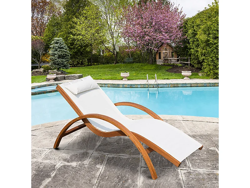 Transat chaise longue design style tropical bois massif naturel coloris beige blanc