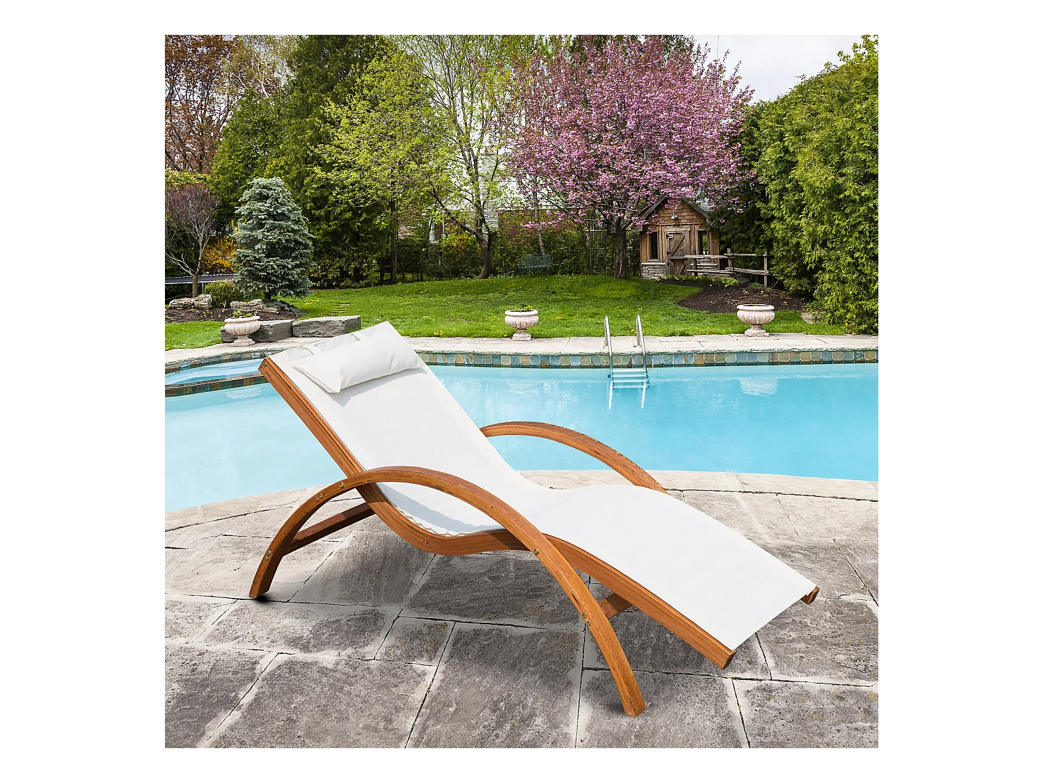 Transat chaise longue design style tropical bois massif naturel coloris beige blanc