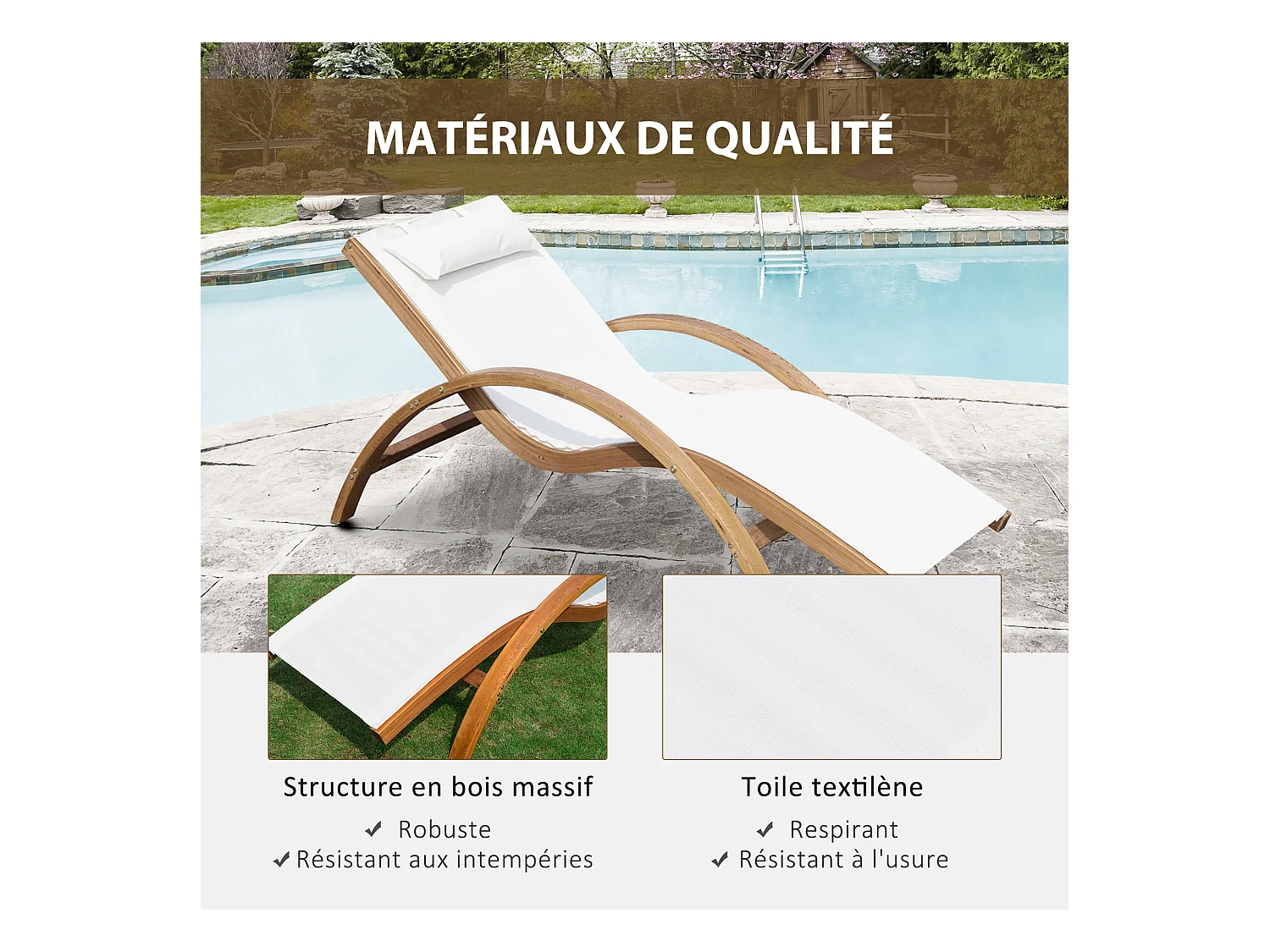 Transat chaise longue design style tropical bois massif naturel coloris beige blanc