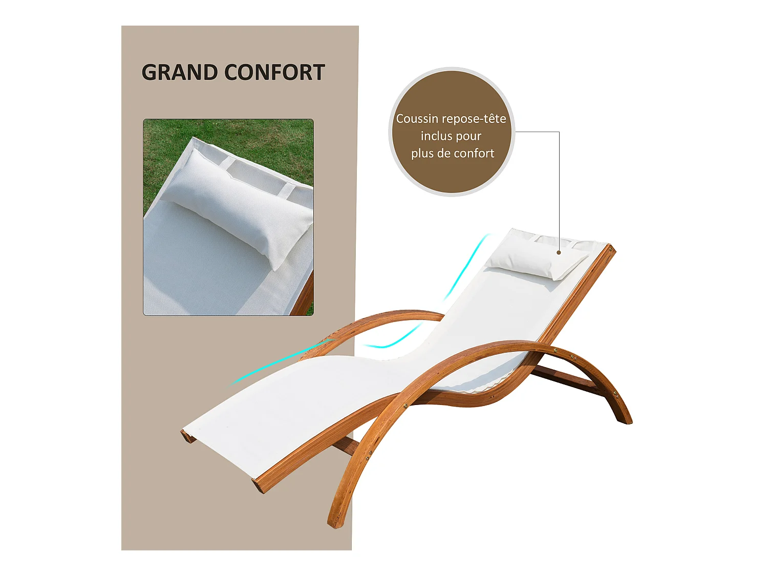 Transat chaise longue design style tropical bois massif naturel coloris beige blanc