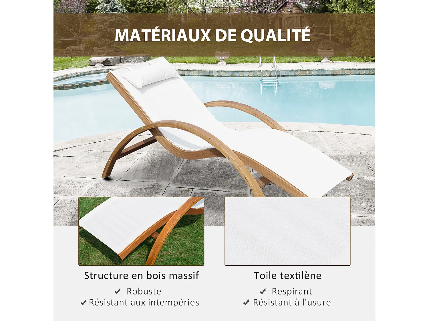 Transat chaise longue design style tropical bois massif naturel coloris beige blanc