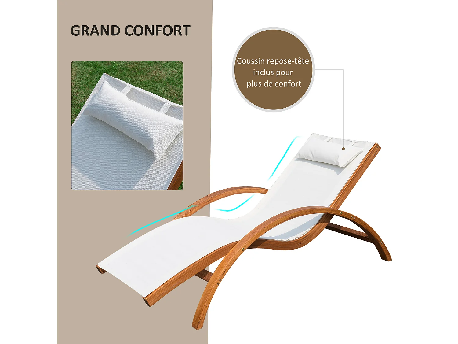 Transat chaise longue design style tropical bois massif naturel coloris beige blanc