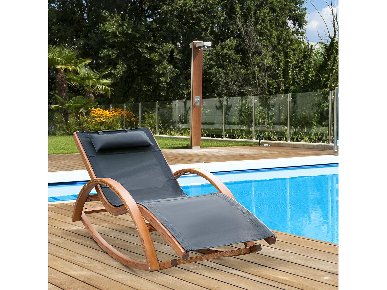 Chaise longue fauteuil berçant à bascule transat bain de soleil rocking chair en bois charge 120 Kg noir