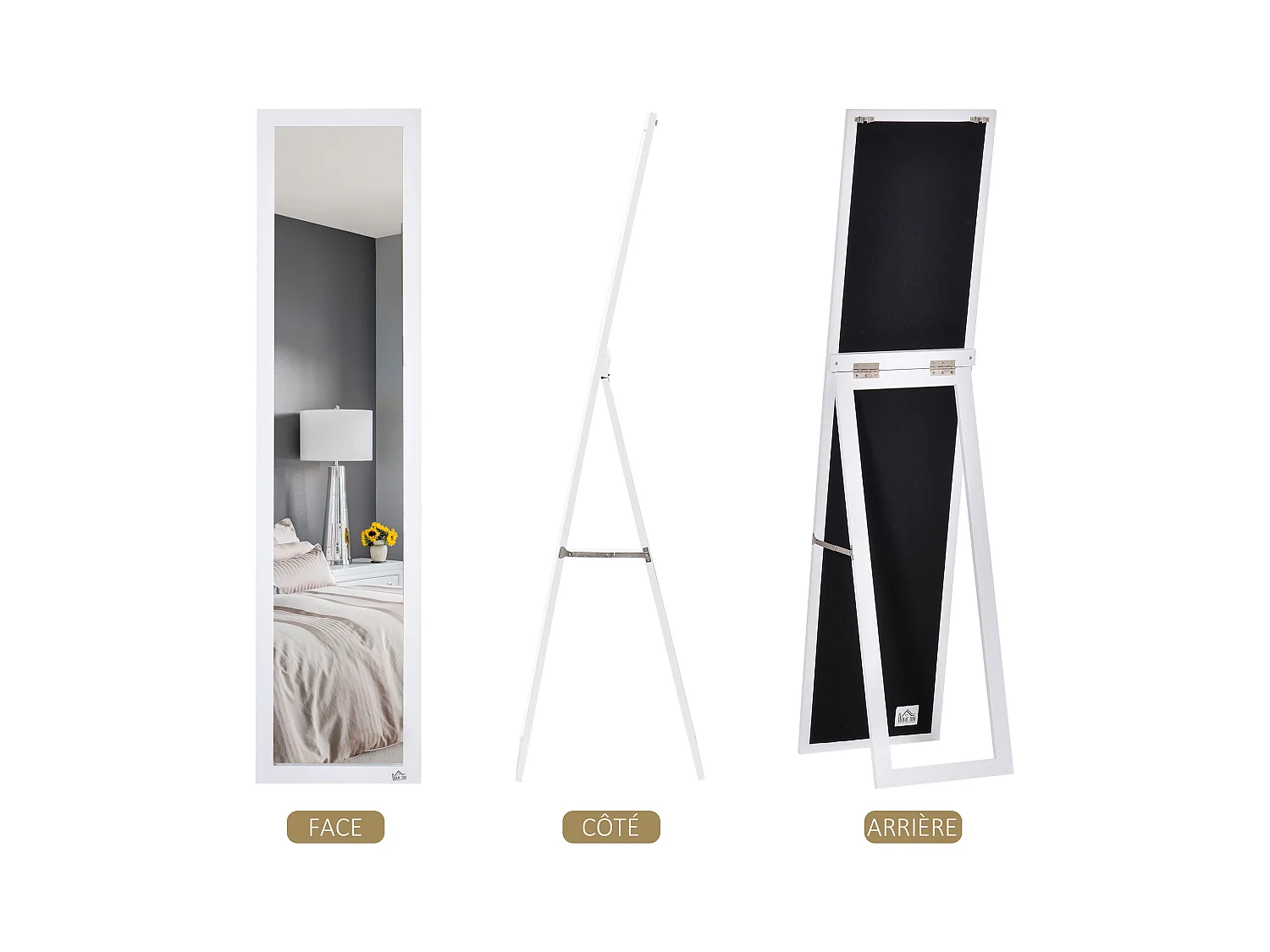 Miroir sur pied et mural rectangulaire dim. 37L x 48l x 152H cm blanc