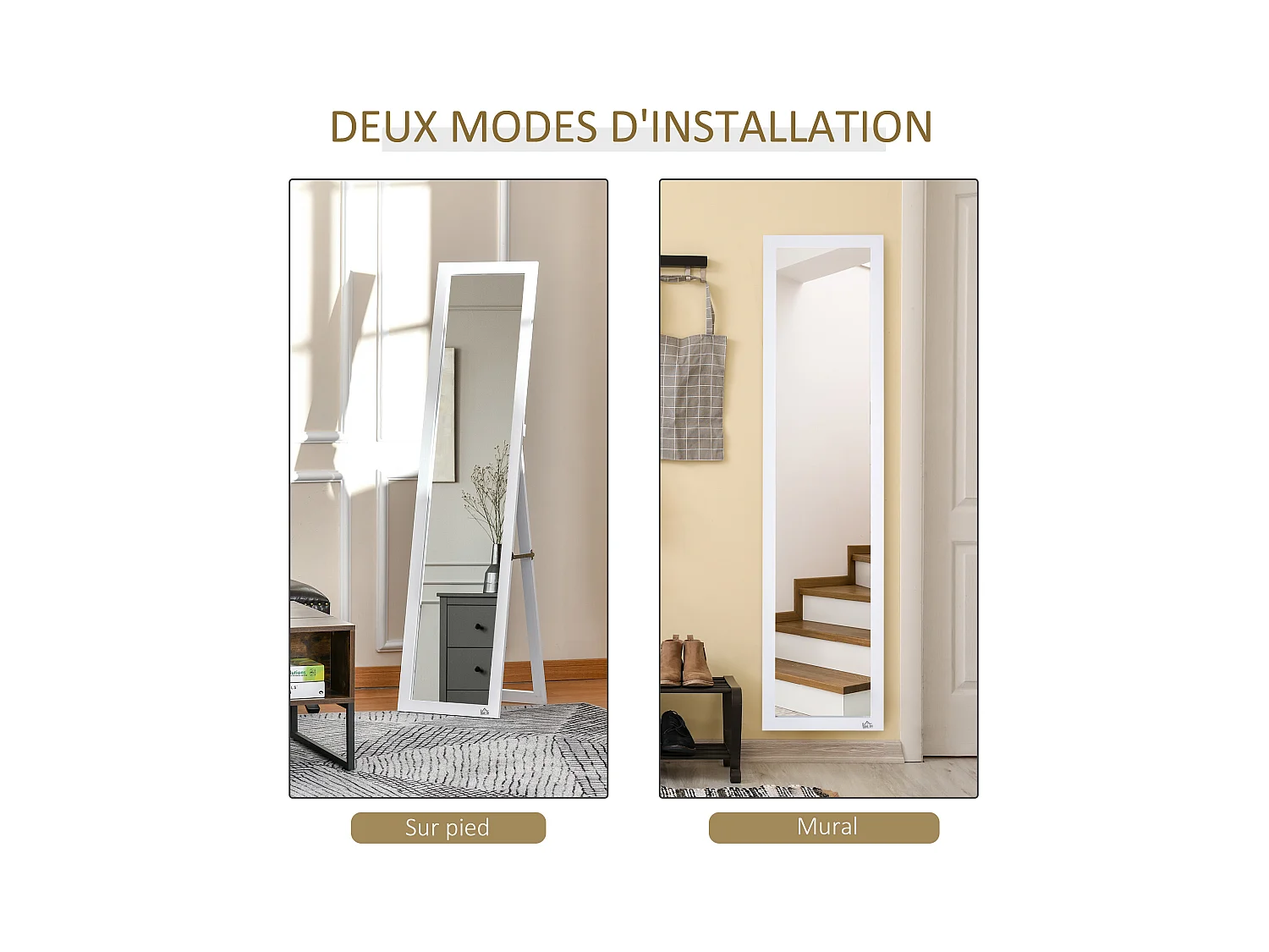 Miroir sur pied et mural rectangulaire dim. 37L x 48l x 152H cm blanc