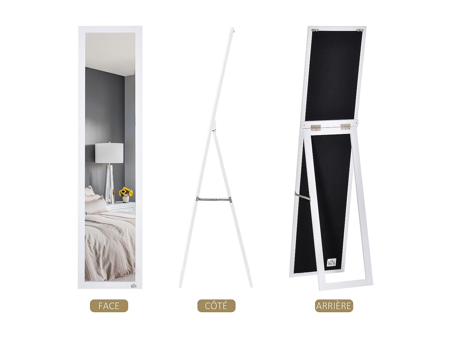 Miroir sur pied et mural rectangulaire dim. 37L x 48l x 152H cm blanc