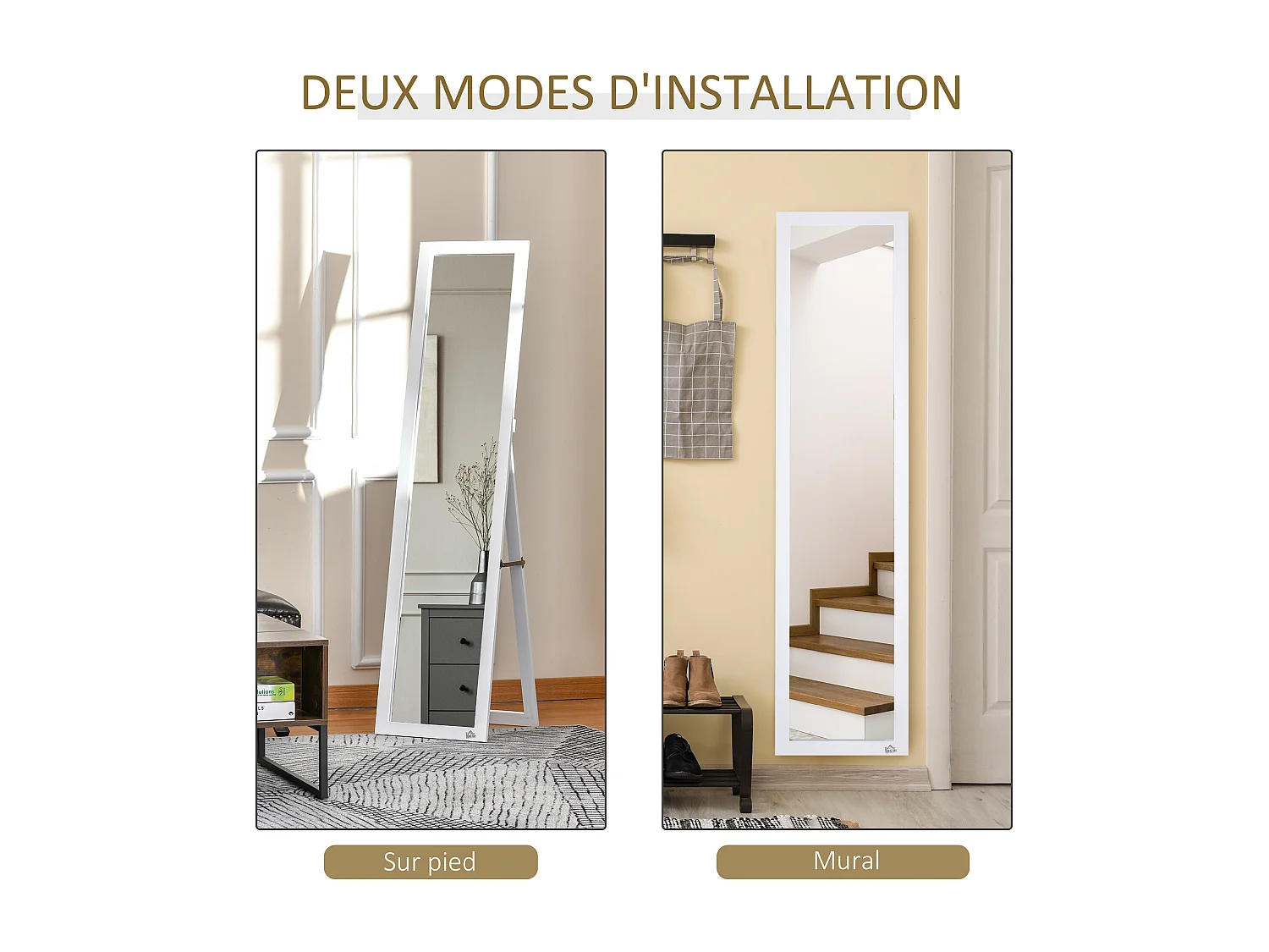 Miroir sur pied et mural rectangulaire dim. 37L x 48l x 152H cm blanc