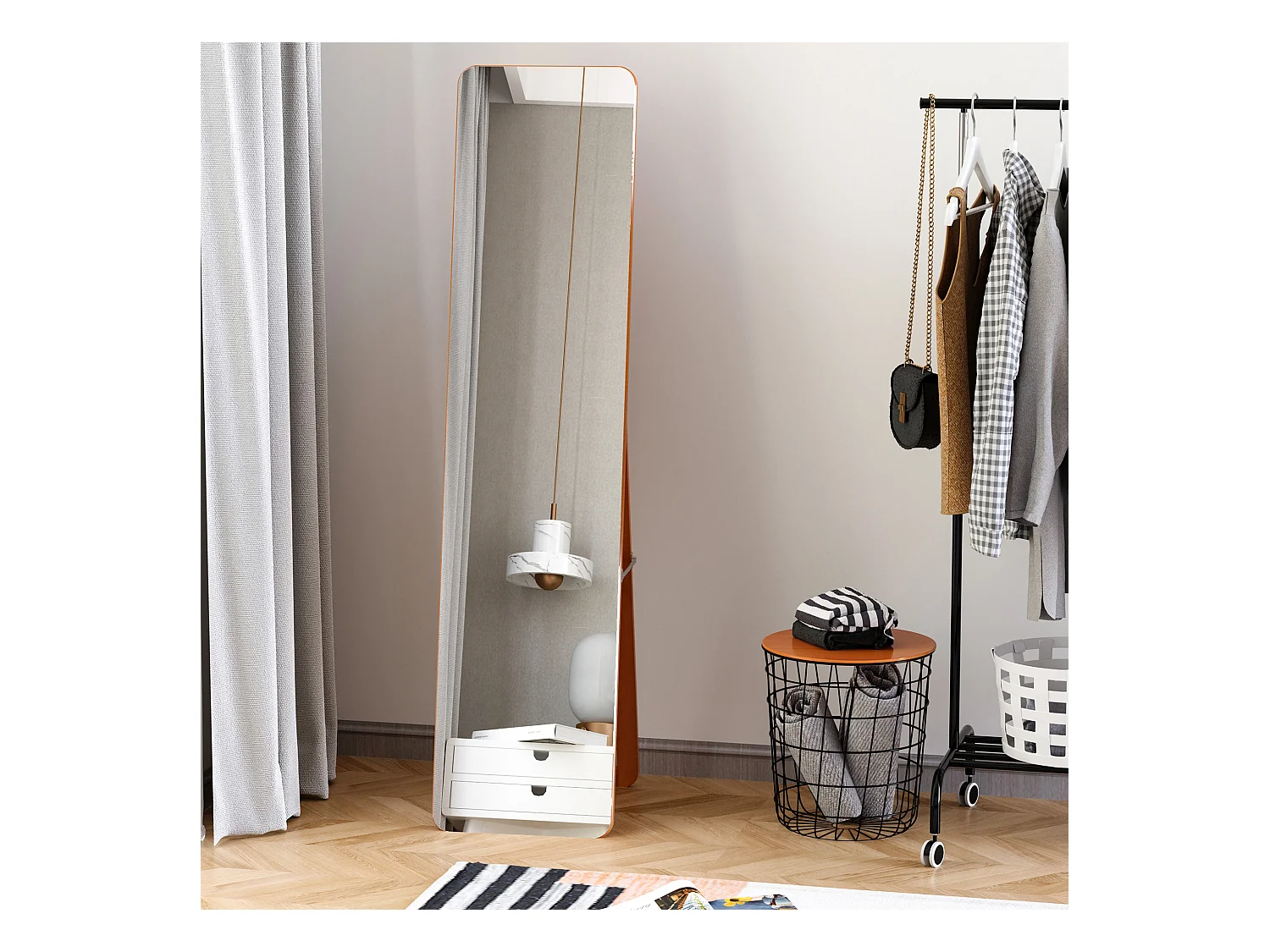 Miroir sur pied et mural rectangulaire dim. 37L x 43l x 156H cm verre MDF aspect noyer clair