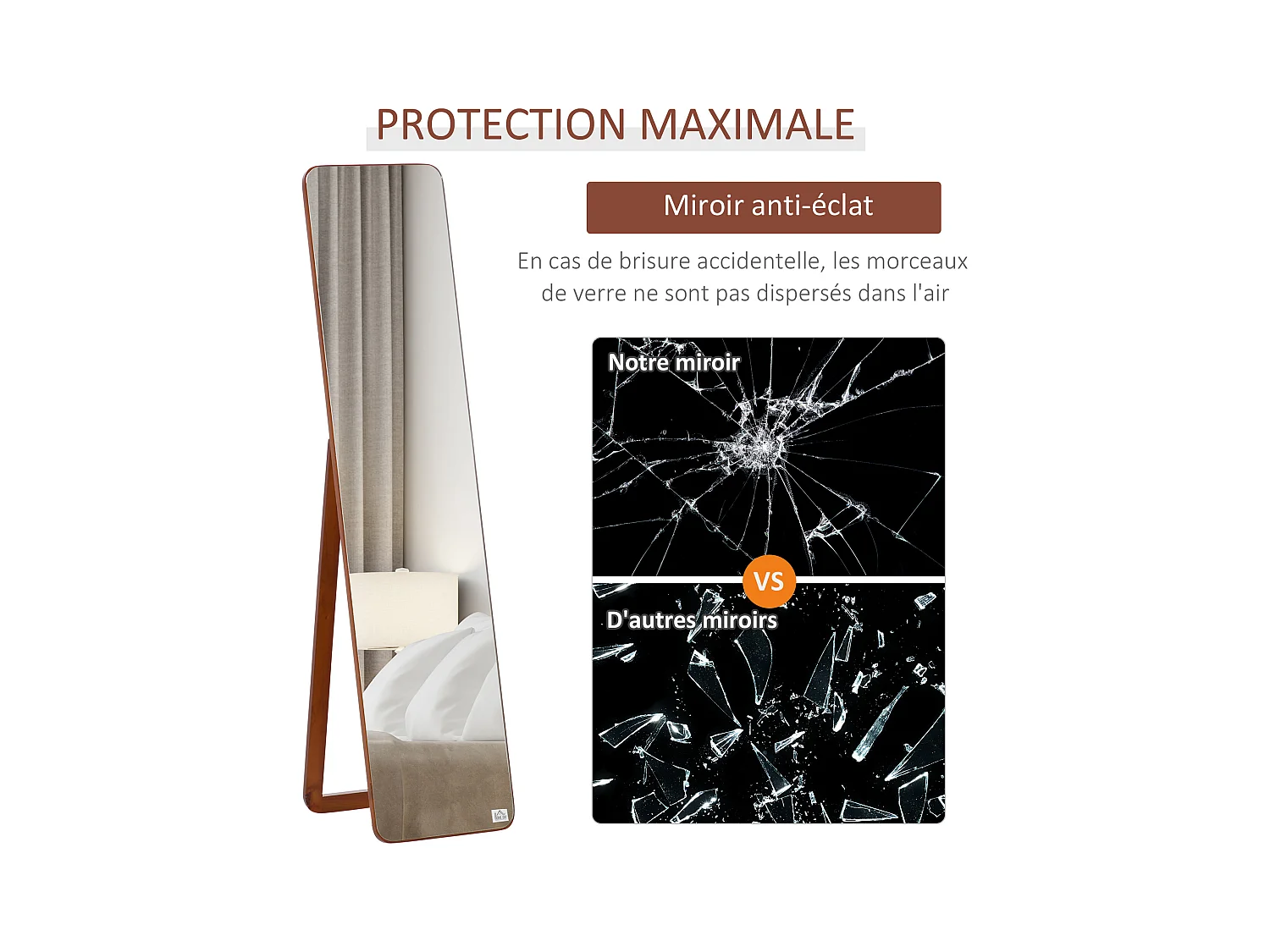 Miroir sur pied et mural rectangulaire dim. 37L x 43l x 156H cm verre MDF aspect noyer clair