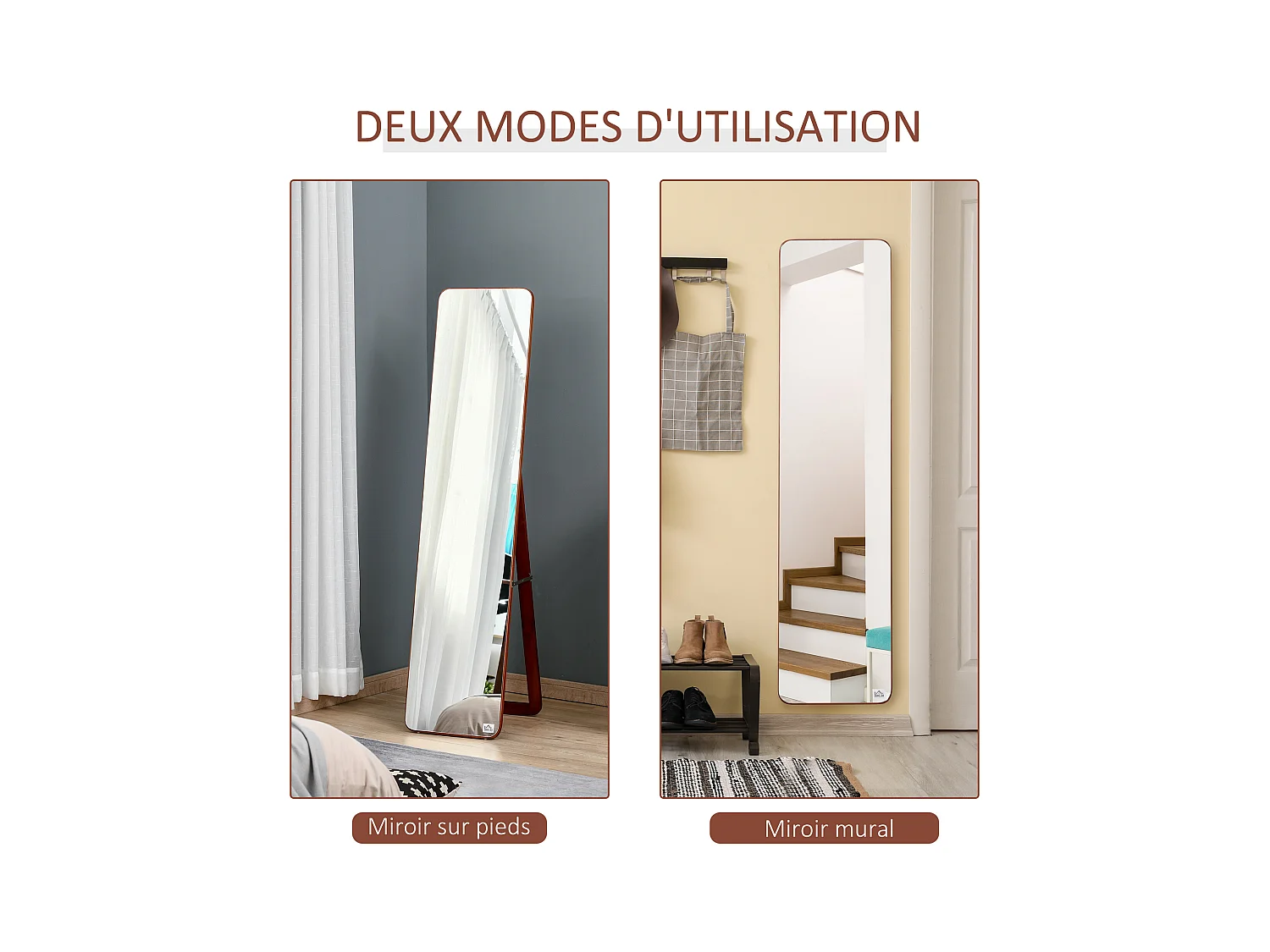 Miroir sur pied et mural rectangulaire dim. 37L x 43l x 156H cm verre MDF aspect noyer clair