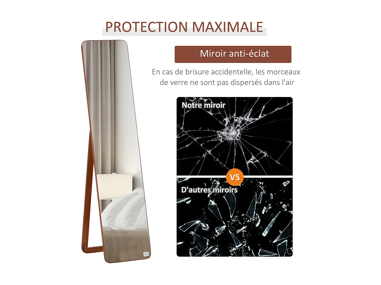 Miroir sur pied et mural rectangulaire dim. 37L x 43l x 156H cm verre MDF aspect noyer clair