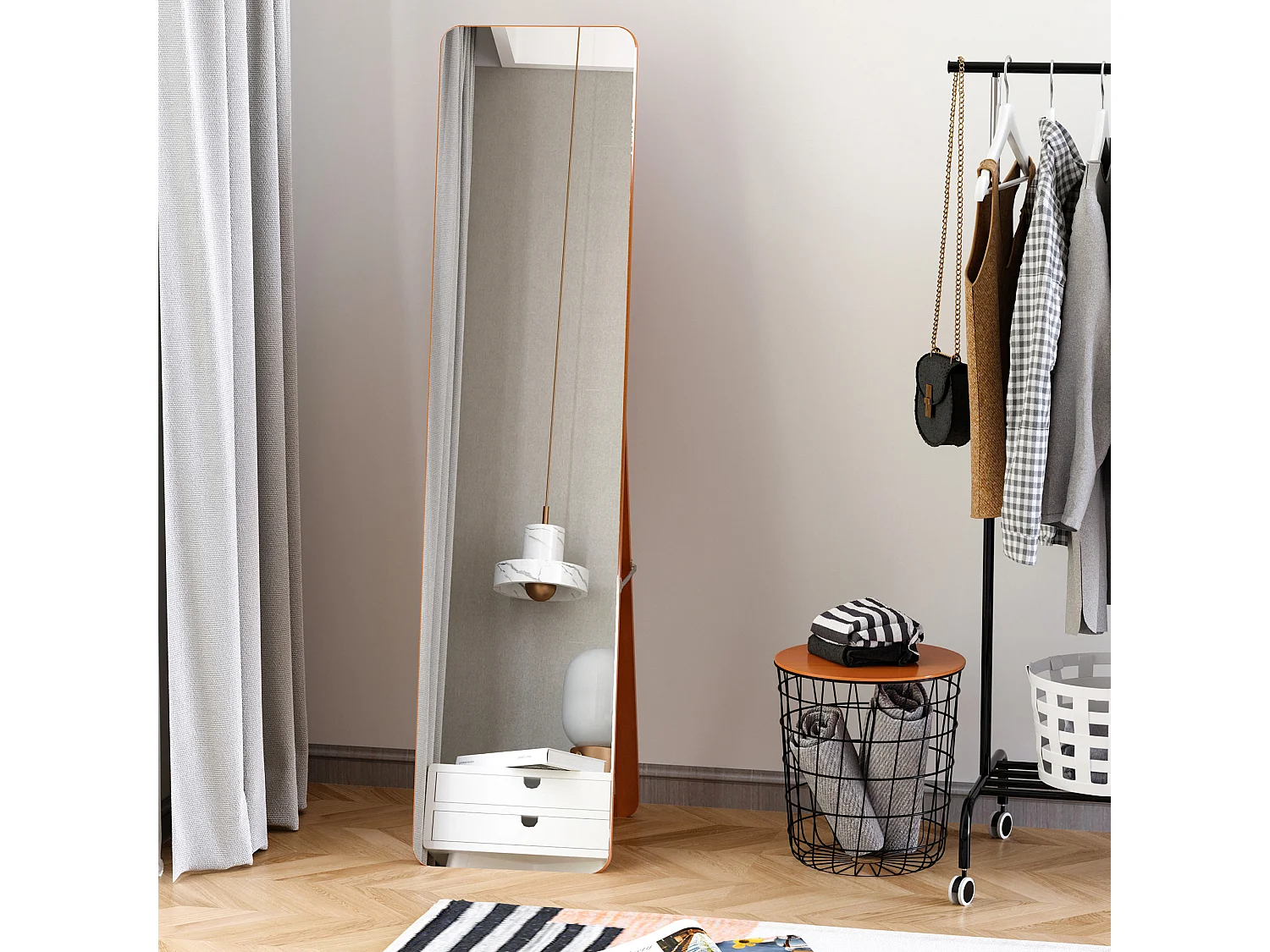 Miroir sur pied et mural rectangulaire dim. 37L x 43l x 156H cm verre MDF aspect noyer clair