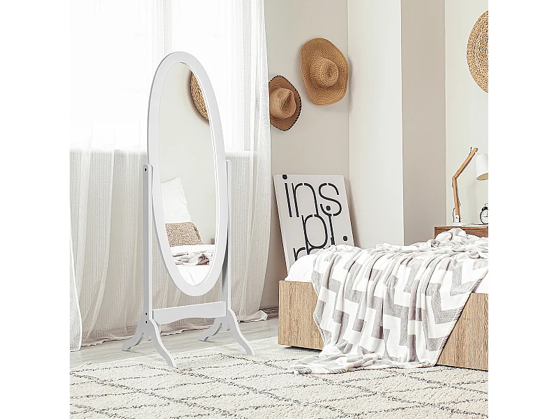 Miroir à pied ovale style shabby chic inclinaison réglable dim. 47L x 45l x 154H cm MDF blanc