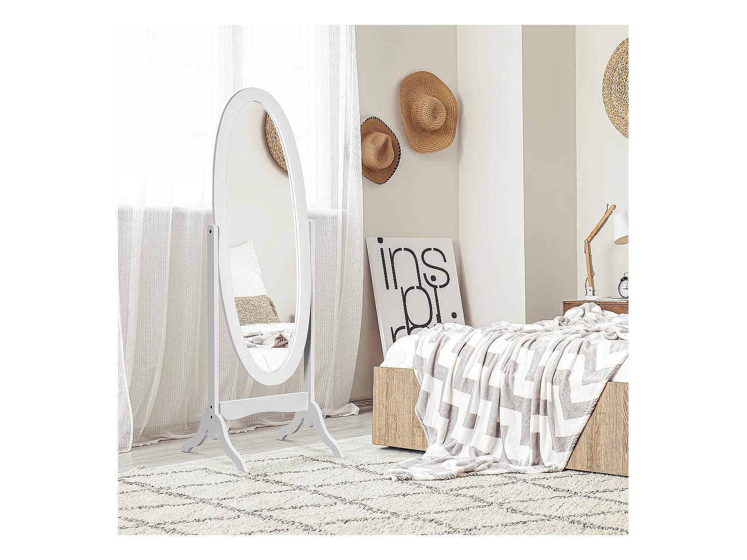 Miroir à pied ovale style shabby chic inclinaison réglable dim. 47L x 45l x 154H cm MDF blanc