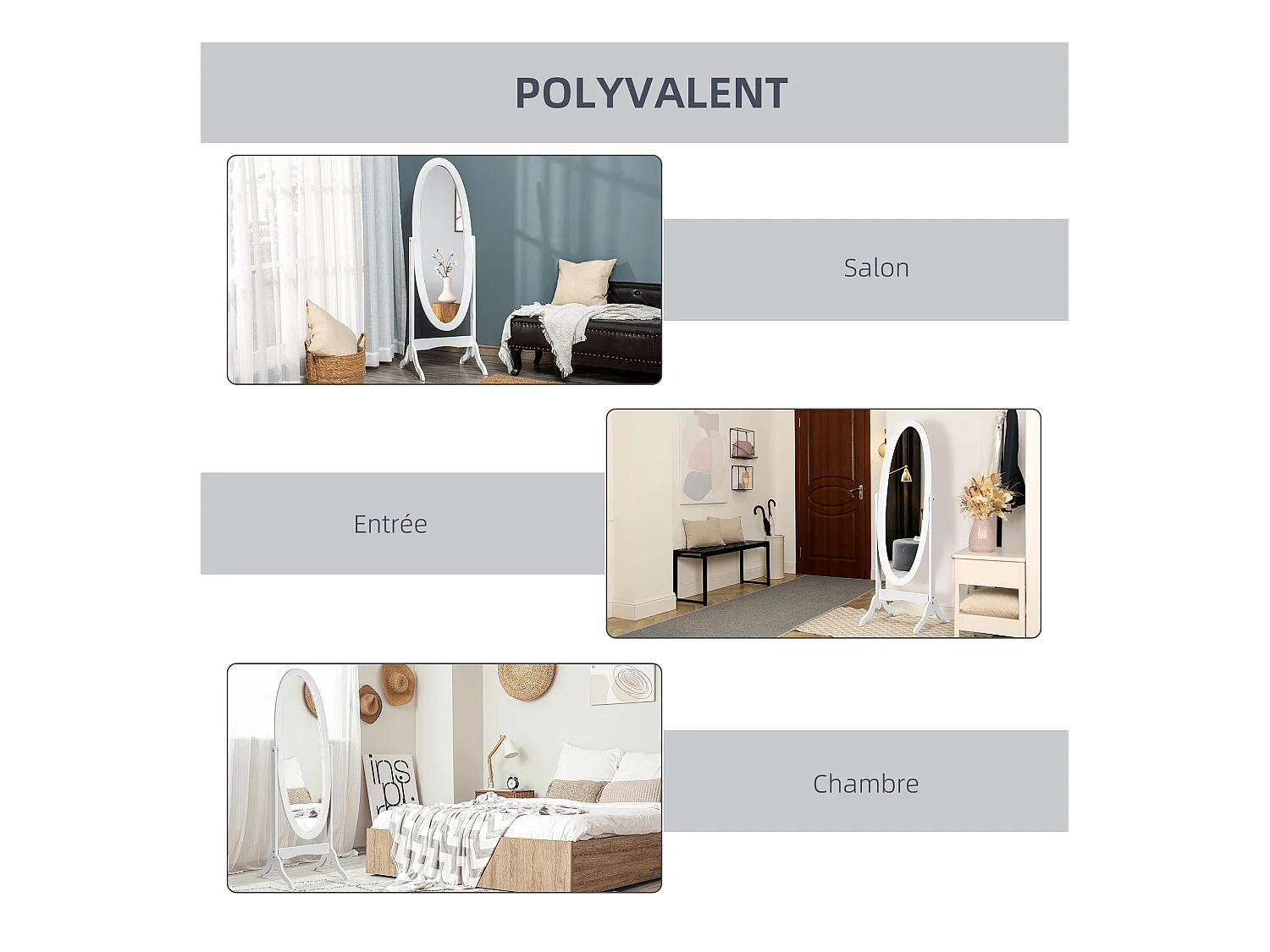 Miroir à pied ovale style shabby chic inclinaison réglable dim. 47L x 45l x 154H cm MDF blanc