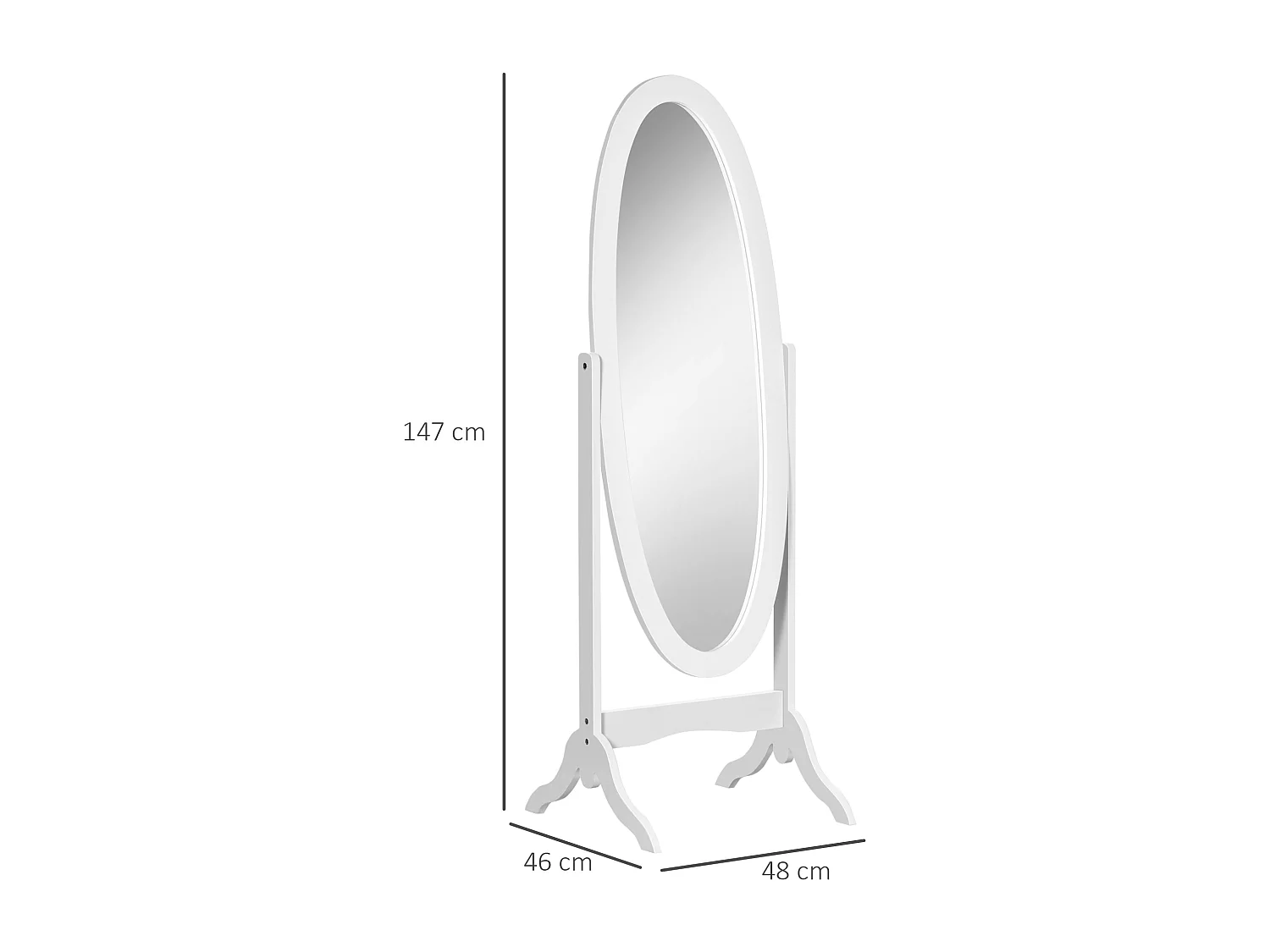 Miroir à pied ovale style shabby chic inclinaison réglable dim. 47L x 45l x 154H cm MDF blanc