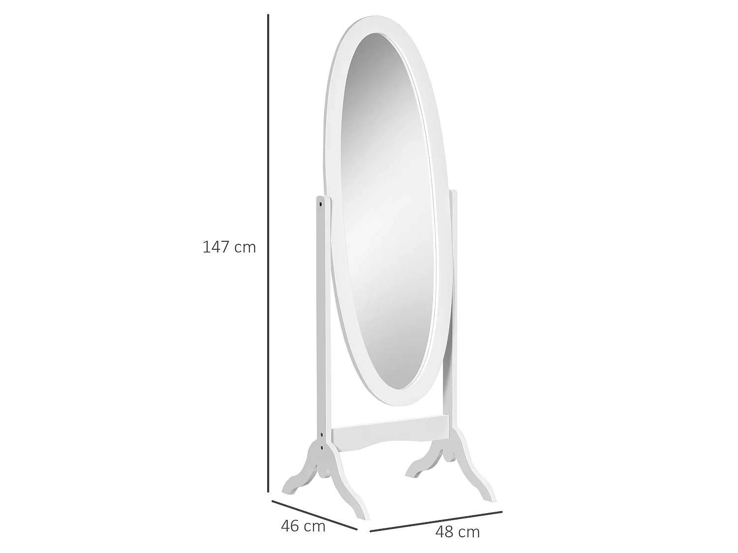 Miroir à pied ovale style shabby chic inclinaison réglable dim. 47L x 45l x 154H cm MDF blanc