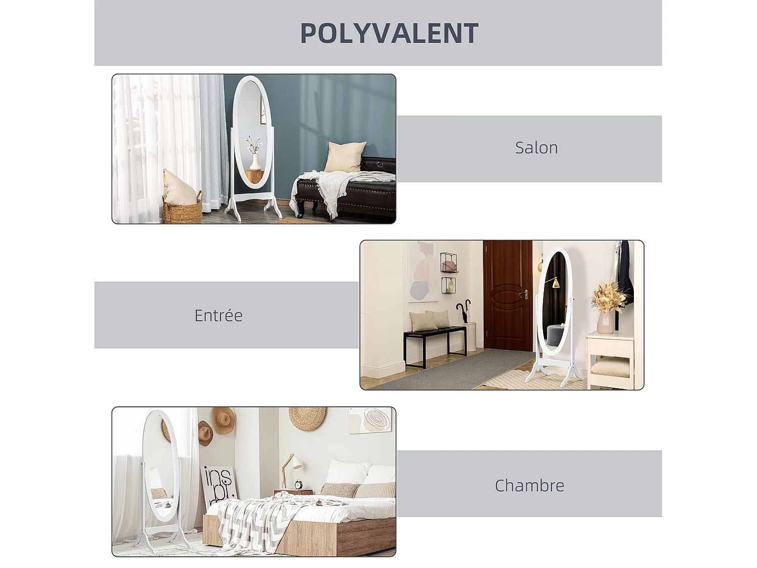 Miroir à pied ovale style shabby chic inclinaison réglable dim. 47L x 45l x 154H cm MDF blanc