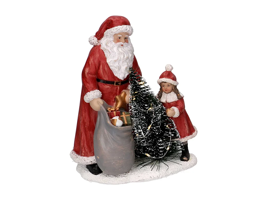 Statua resina babbo natale con bambina rosso con led cm 15x11h18,5