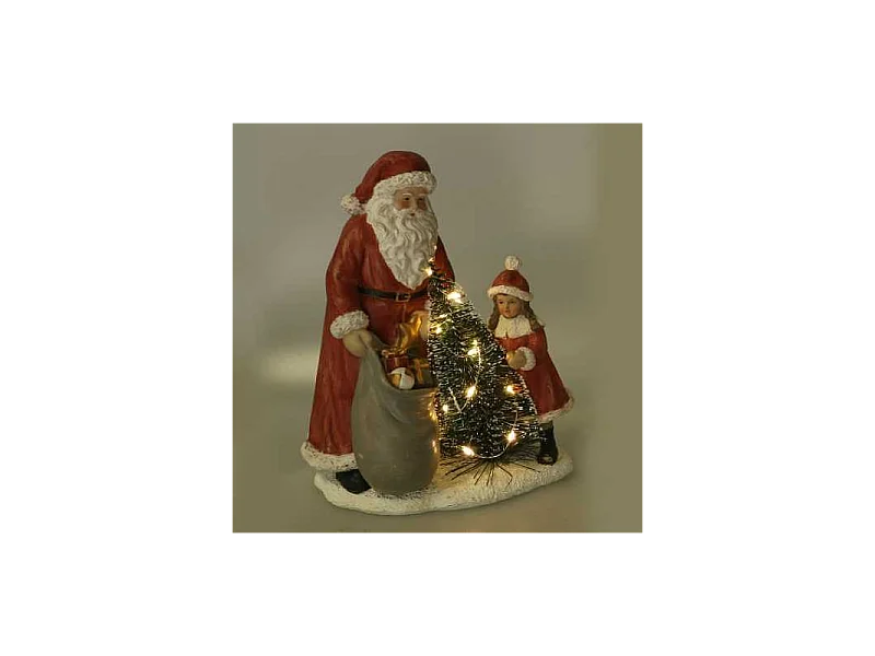 Statua resina babbo natale con bambina rosso con led cm 15x11h18,5