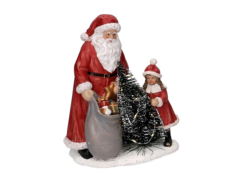 Statua resina babbo natale con bambina rosso con led cm 15x11h18,5