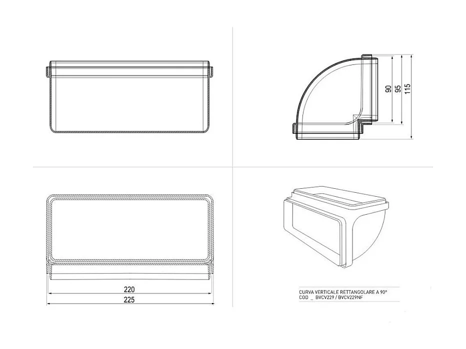 Curva verticale rettangolare 90 gradi per cappe BVCV229