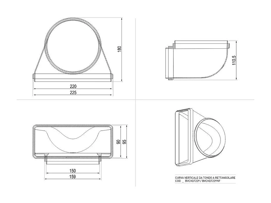 Curva verticale per cappe BVCVQT229 da tondo a rettangolare 22x9 cm