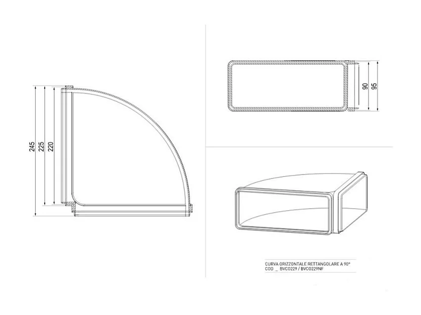 Curva orizzontale rettangolare 90 gradi per cappe BVCO229