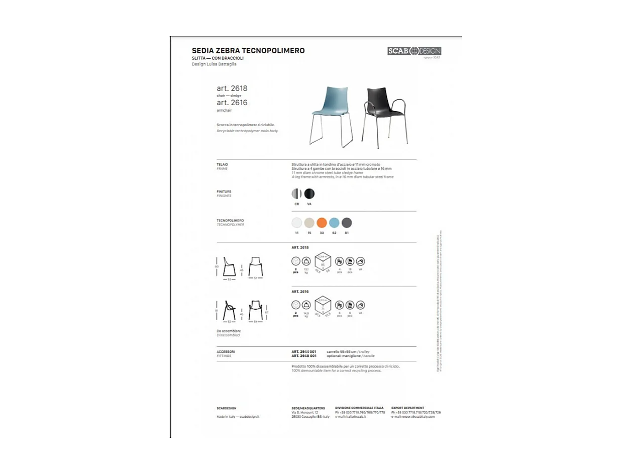 SET 2 SEDIE ZEBRA A SLITTA TECNOPOLIMERO SCABDESIGN MADE IN ITALY - Antracite 81