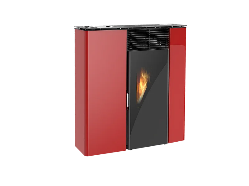 Stufa a pellet Flat 502 slim ventilata 9,7kw in acciaio rosso Lincar