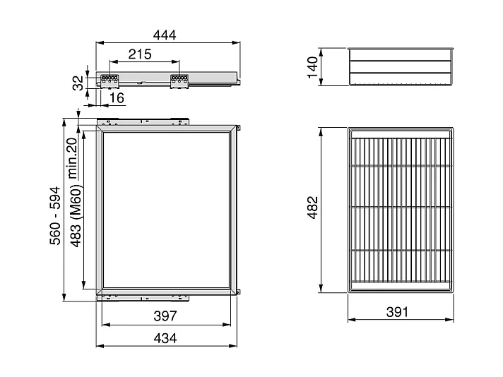 Kit cestello in filo metallico e telaio con guide a chiusura morbida per armadi, regolabile, modulo 600mm, Grigio pietra