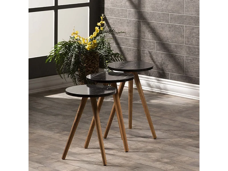 Tris tavolini da caffè Nisa 38 nero con gambe in legno