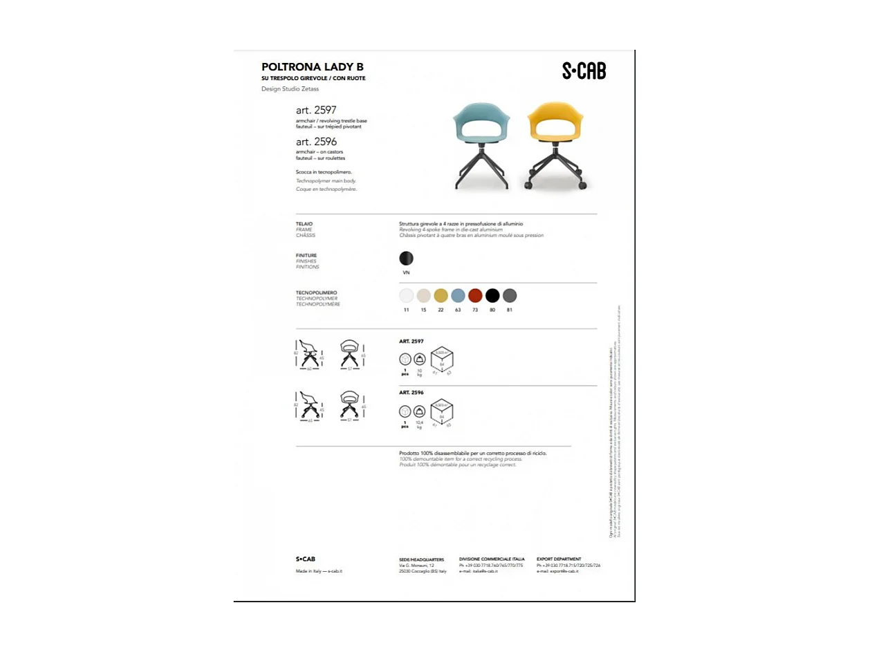 SEDIA LADY B CON RUOTE TECNOPOLIMERO MADE IN ITALY SCAB DESIGN - Senape 22