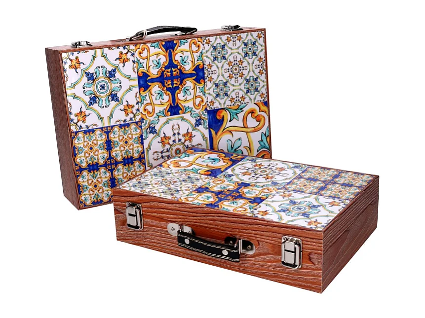 Scatola valigia legno 1-2 blu bordo marrone cm 34x9,3h24