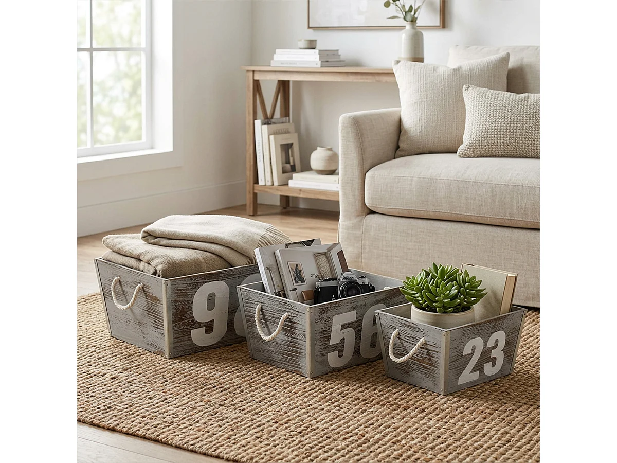 Lot de 3 caisses décoratives en bois avec motif Zoe
