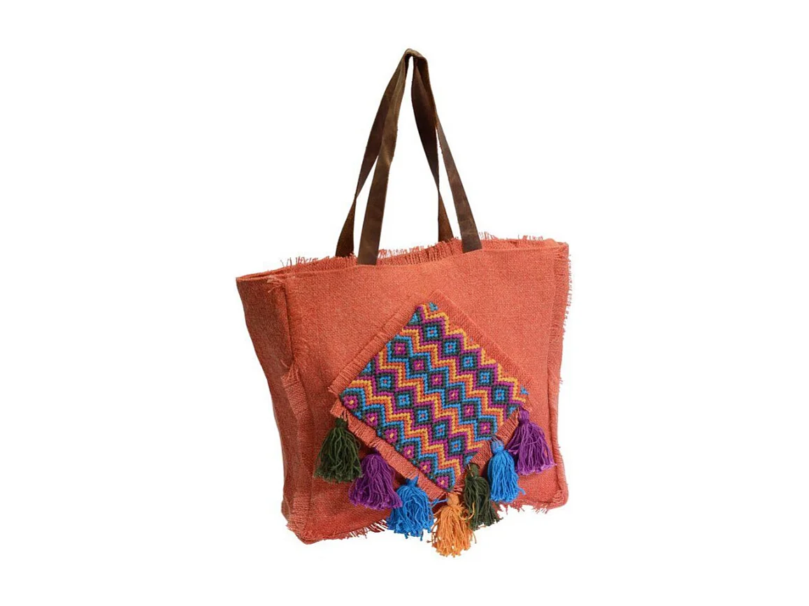 Borsa juta arancione con pon pon cm 43xh37x14