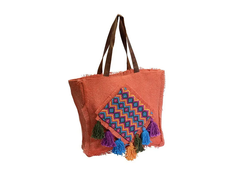 Borsa juta arancione con pon pon cm 43xh37x14