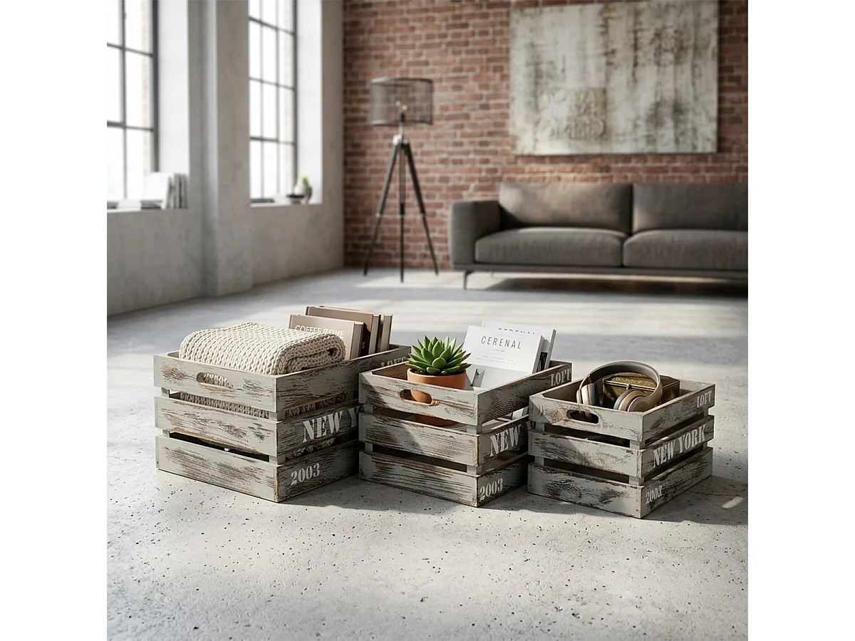 Lot de 3 caisses décoratives industrielles en bois Théa