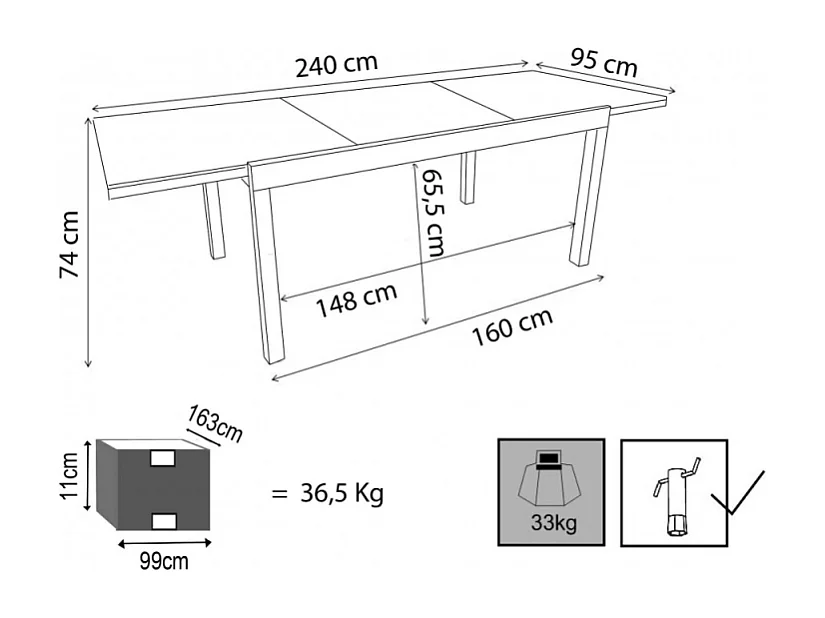 Table de jardin extensible en aluminium et polywood 160/240x95 Cayman - Taupe