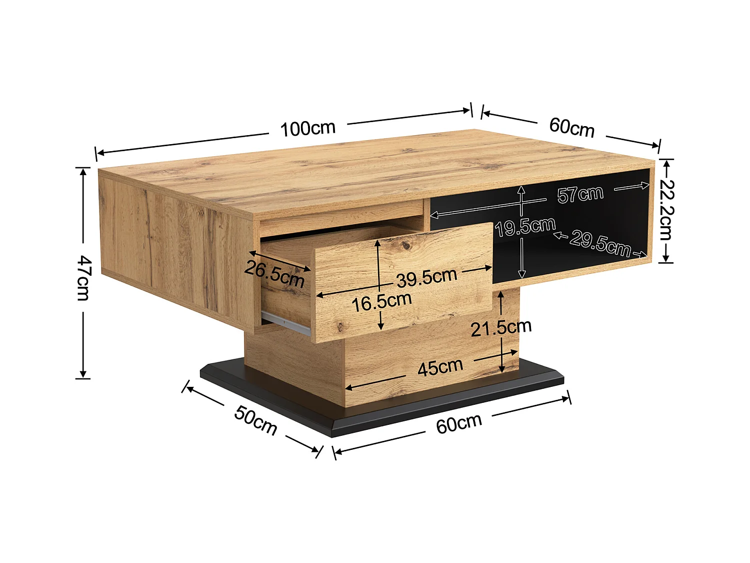 Table Basse Rectangulaire en Chêne + Anthracite, 100L x 60l x 47H cm, avec Tiroir et 2 Étagères