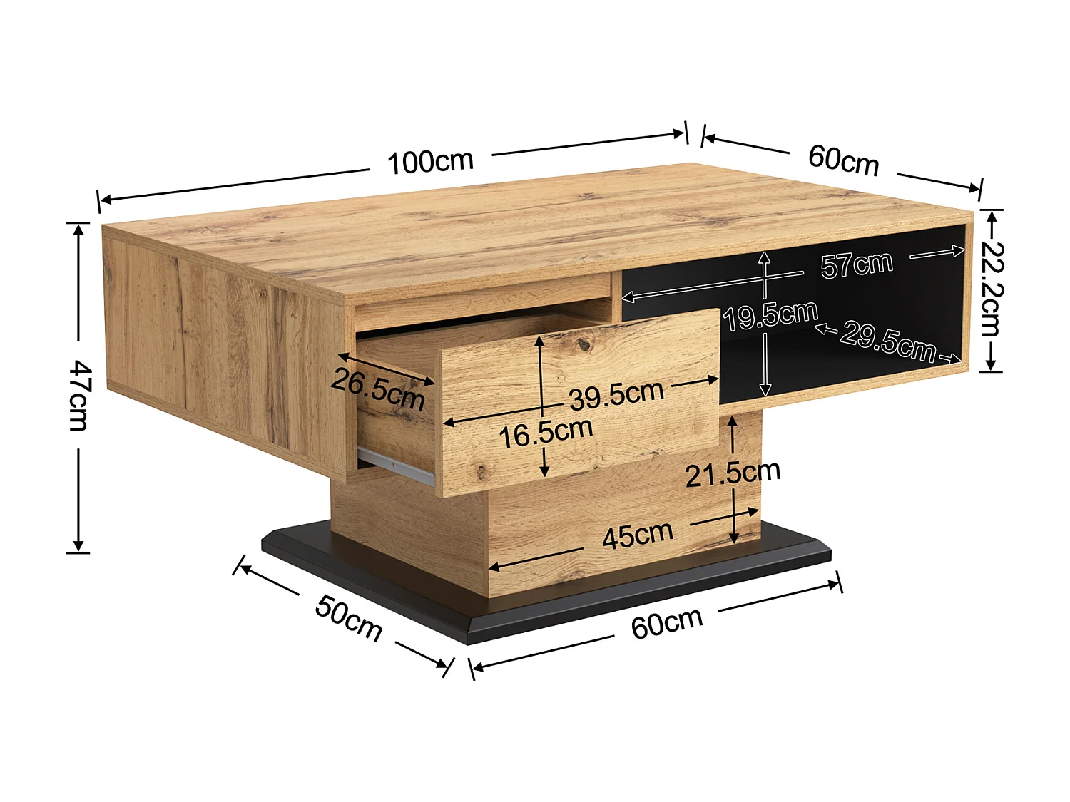 Table Basse Rectangulaire en Chêne + Anthracite, 100L x 60l x 47H cm, avec Tiroir et 2 Étagères