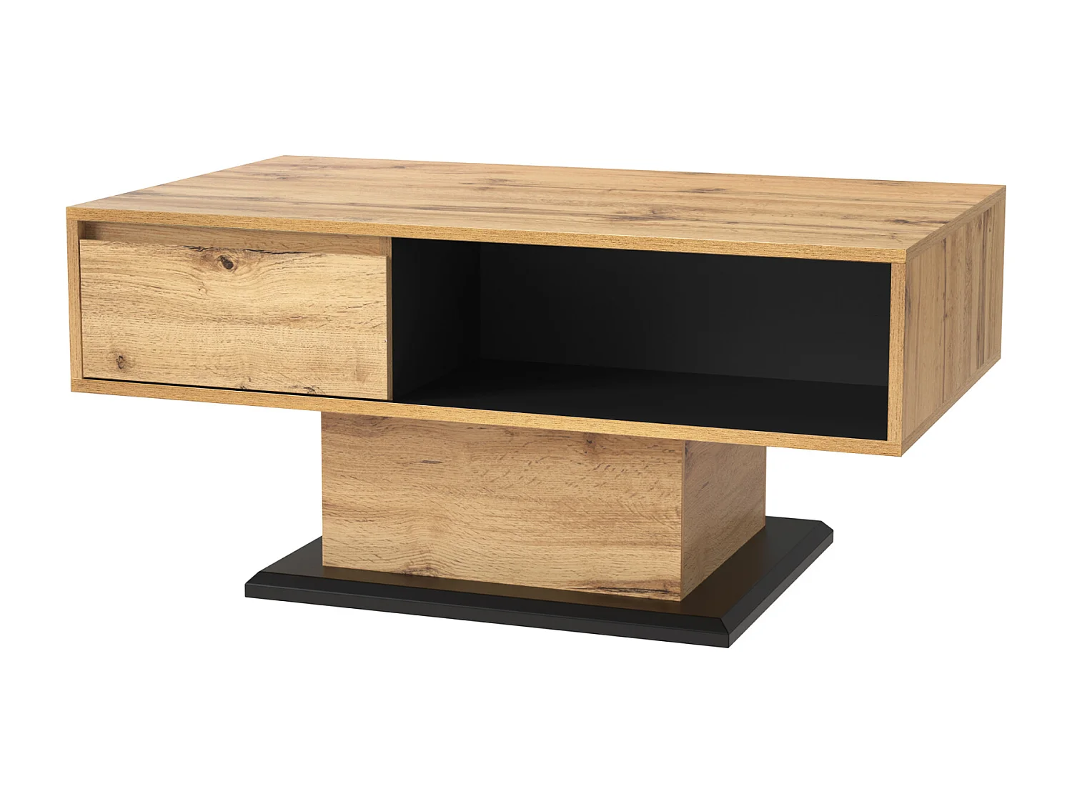 Table Basse Rectangulaire en Chêne + Anthracite, 100L x 60l x 47H cm, avec Tiroir et 2 Étagères