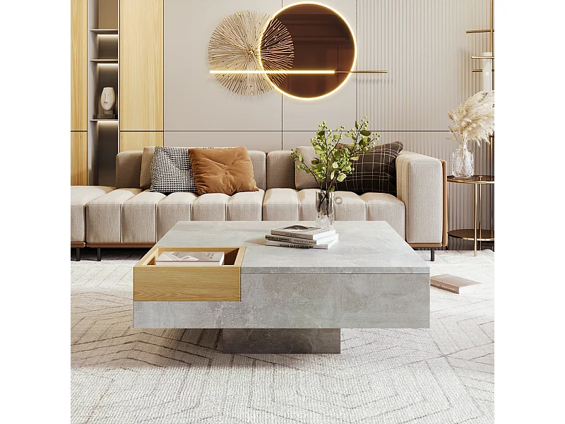 Table Basse Carrée Moderne Design avec Boîte de Rangement Amovible, Table d'appoint Bois&Gris