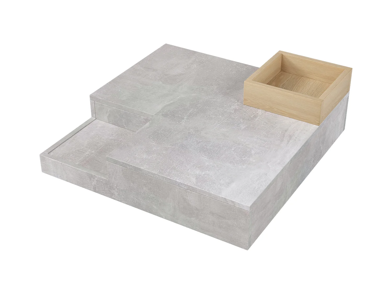 Mesa de centro cuadrada de diseño moderno con compartimento de almacenamiento extraíble, mesa auxiliar de madera y gris.