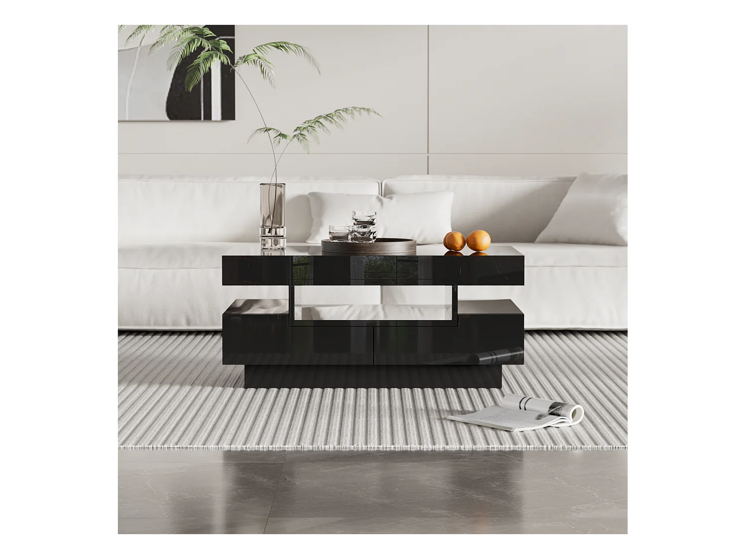 Table Basse Moderne LED Blanc, Meuble de  Salon Table Basse Coffre avec Quatre tiroirs, noir