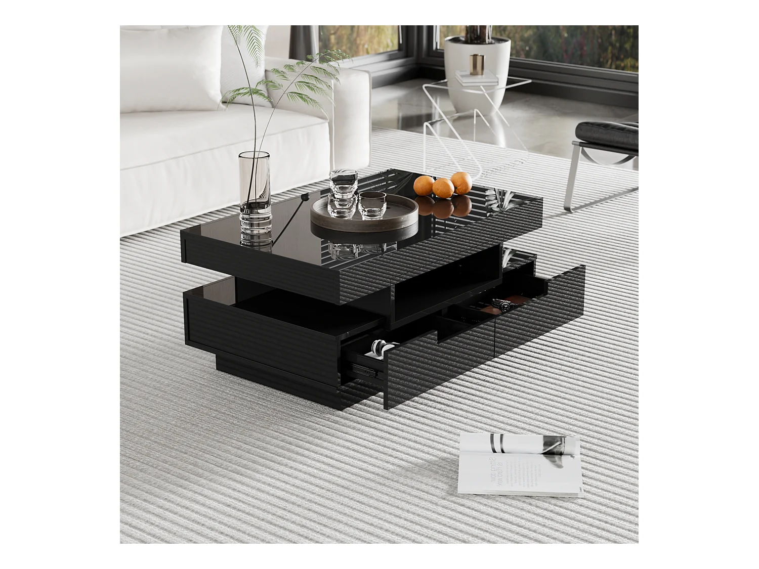 Table Basse Moderne LED Blanc, Meuble de  Salon Table Basse Coffre avec Quatre tiroirs, noir