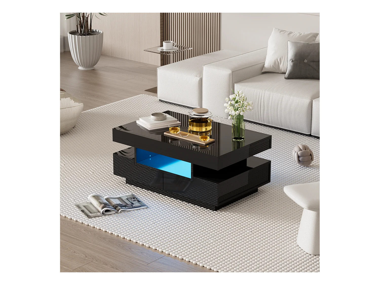 Mesa de centro moderna con LED blanca, cómoda para salón con cuatro cajones, color negro