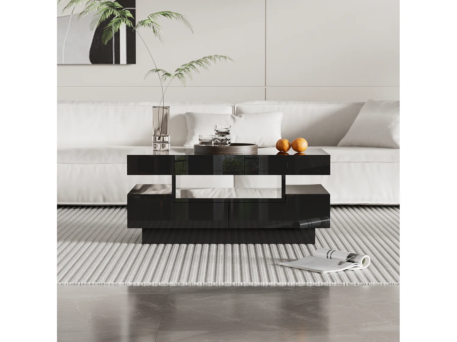 Table Basse Moderne LED Blanc, Meuble de  Salon Table Basse Coffre avec Quatre tiroirs, noir