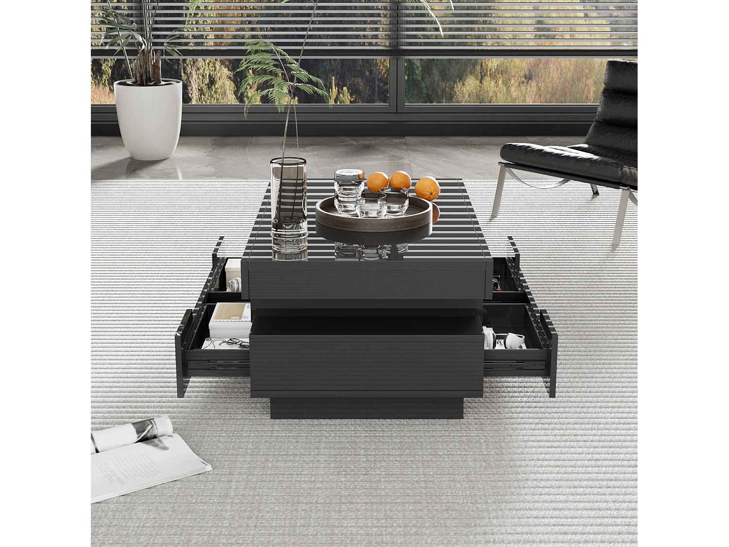 Table Basse Moderne LED Blanc, Meuble de  Salon Table Basse Coffre avec Quatre tiroirs, noir