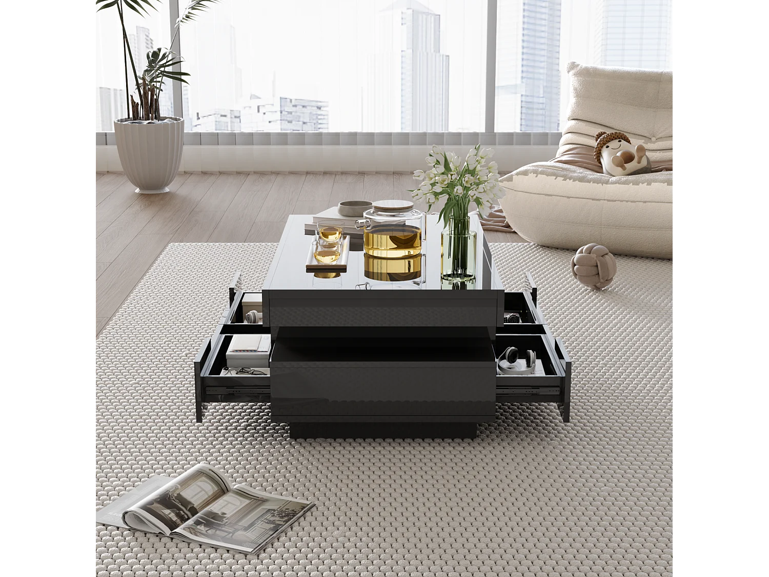 Moderne witte LED-salontafel, woonkamermeubel, salontafel met opbergruimte en vier lades, zwart